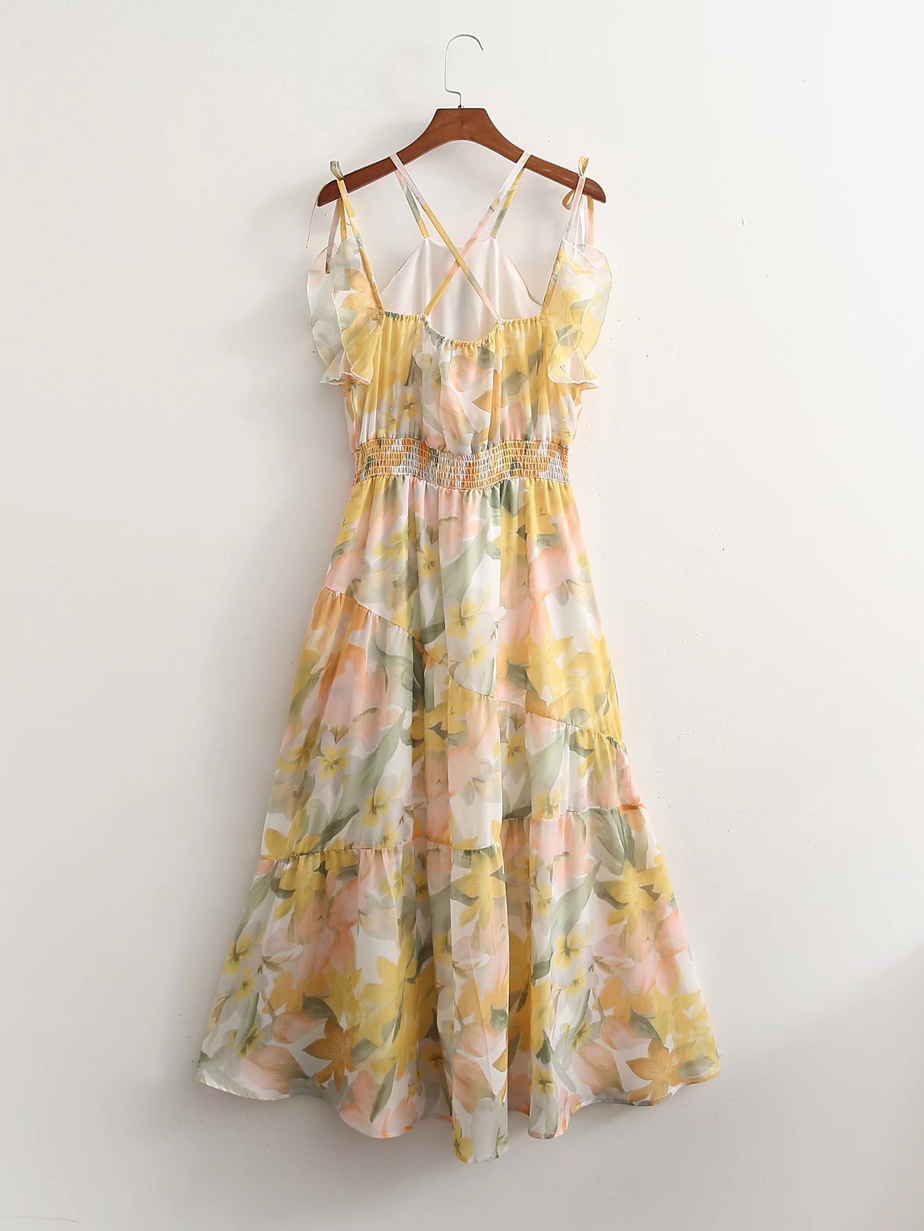 chiffon printed suspender backless ruffle dress NSAM129021