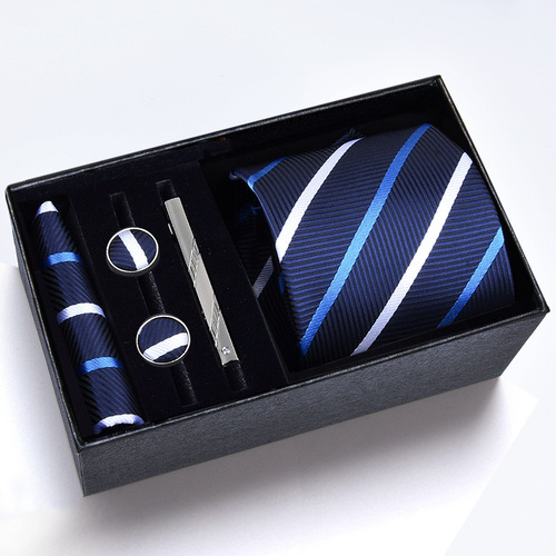 Gift box] Men's tie square, cufflinks, tie clip five-piece set, LOGO formal business blue stripes