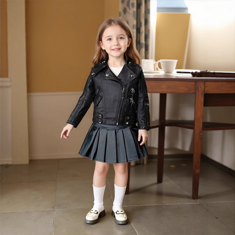 Celebrity-Inspired Girls' Leather Jacket 2026 Spring and Autumn New Stylish Children's Jacket Leather Coat Parent-Child Outfit Manufacturer