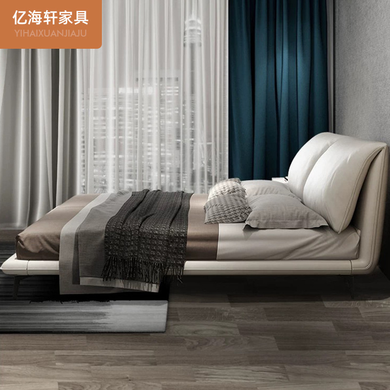 Moderno simple de lujo cama de cuero real 1,5 m cama doble 2,2 m dormitorio principal cama de boda italiano minimalista pequeño apartamento muebles