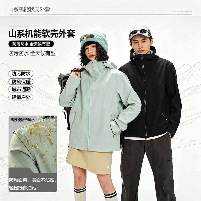 Mountain-style soft shell jacket for women, lightweight hooded waterproof and windproof couple's sports outdoor jacket for men