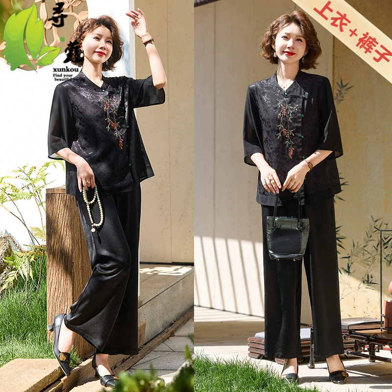 Стильная классическая вышивка мама костюм женский дух национальный ветер дамы повседневные два комплекта среднего и пожилого возраста летняя женщина