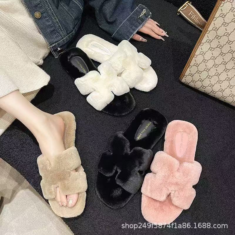 Cross-Border Flat Furry Slippers for Women's Outer Wear 2025 Autumn and Winter New Fashion Versatile Furry Casual Slippers Cross-Border Flat Furry Slippers for Women's Outer Wear 2025 Autumn and Winter New Fashion Versatile Furry Casual Slippers
