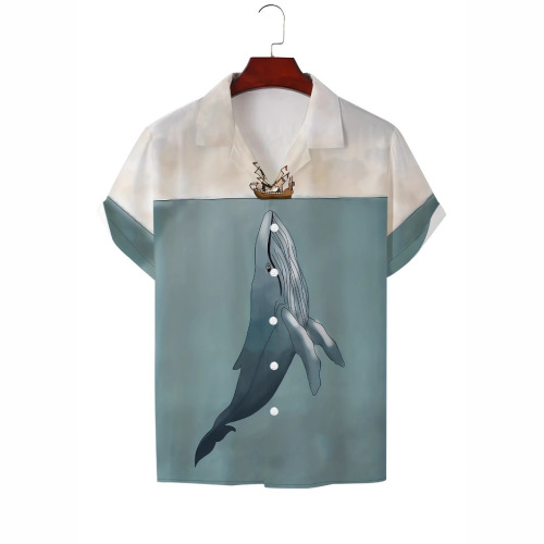 European and American trend fashion summer men's lightweight mature mass Cuba collar short-sleeve printed shirt breathable