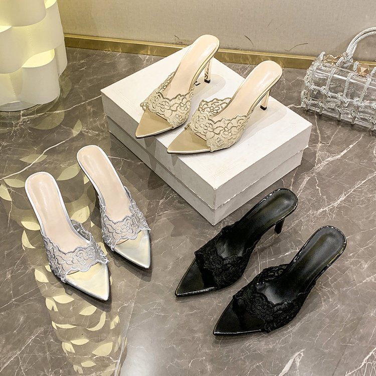 2025 New Open-Toe Pointed Mesh Lace Patent Leather One-Strap Women's Summer Sexy Outdoor Wear Thin High Heel Slippers_vogvips.com