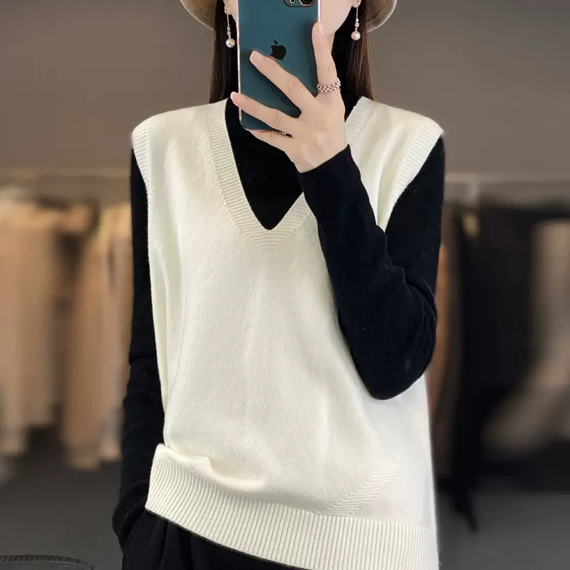 早秋女士马甲背心配衬衫坎肩女新款V领宽松学生针织坎肩外搭代发