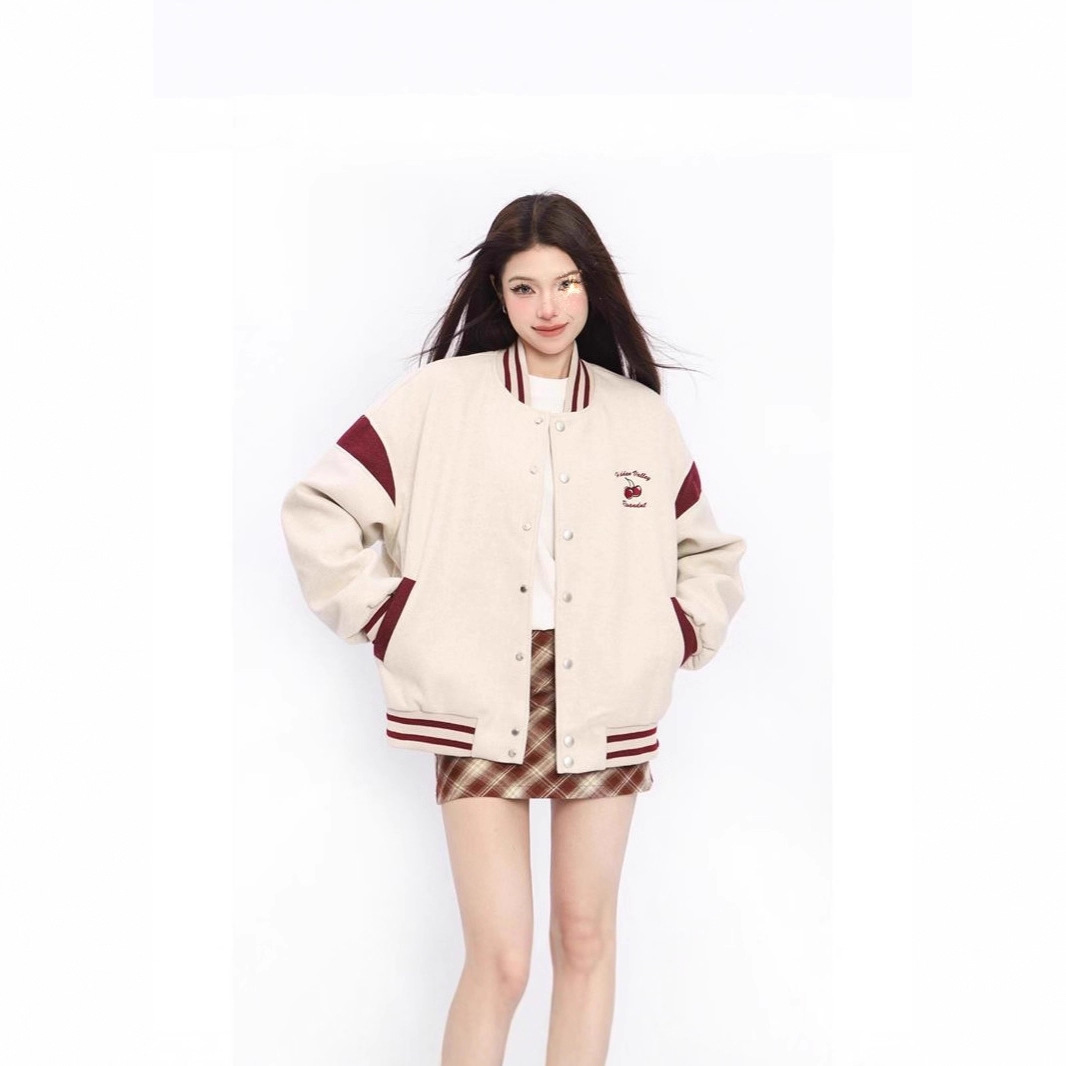 American Cherry Embroidered Baseball Jacket for Men and Women, Autumn and Winter Design, Contrasting Color Casual and Versatile Couple Jacket