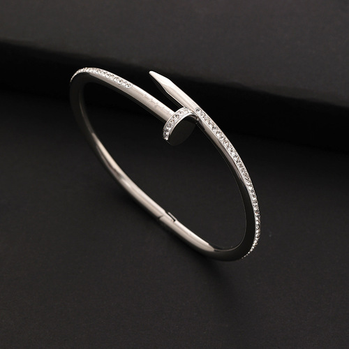 Minimalist Diamond-Encrusted Titanium Steel Cuff Bracelet with Open Clasp, Fashionable Women's Jewelry for Cross-Border Fashion, Non-Fading and Versatile