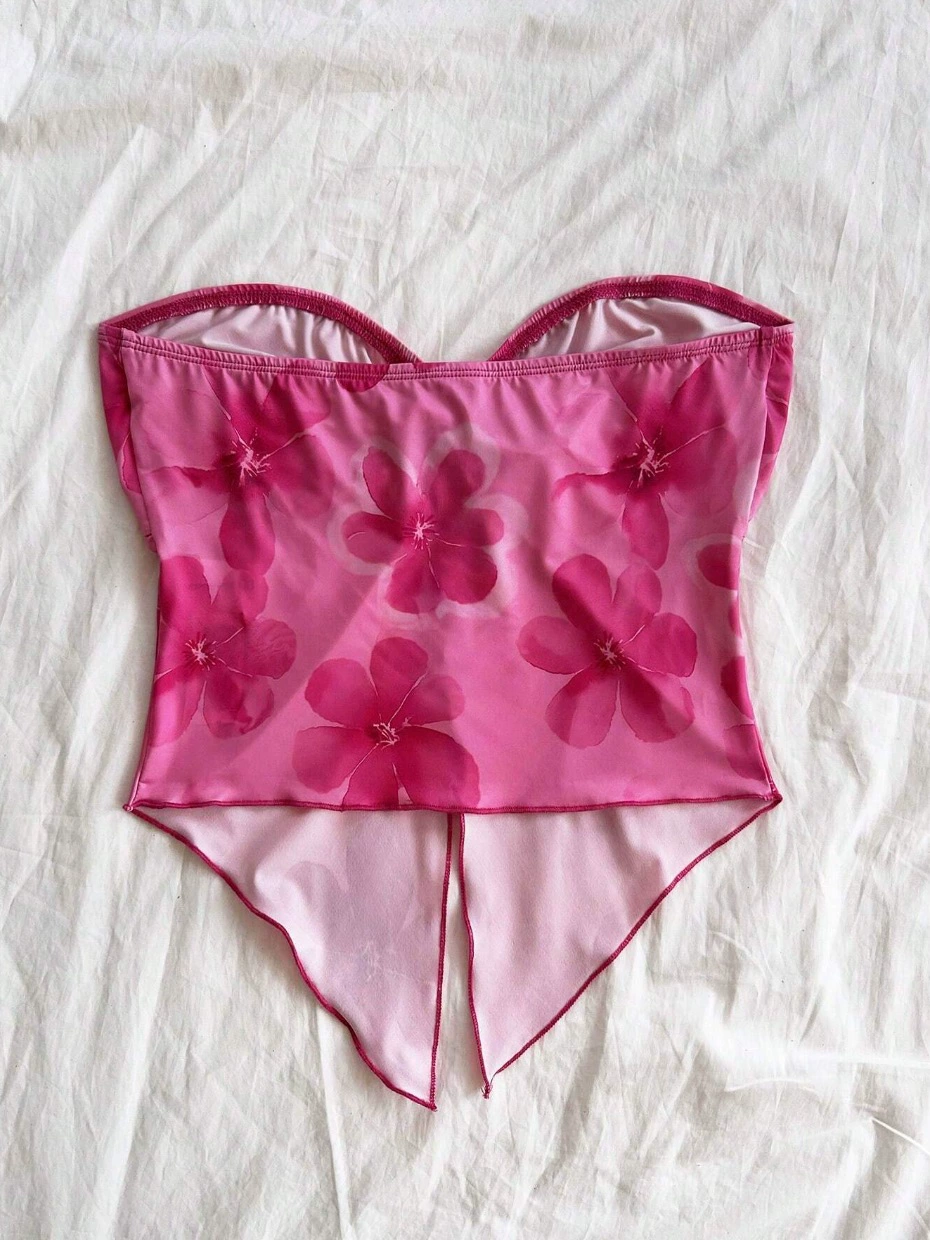 Топ babydoll, розово-красный с цветочным принтом, женский для ранней осени, XS–XL
