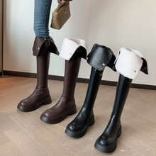 专柜高品质纯手工制作牛皮圆头金属侧拉链搭扣松糕底韩版骑士靴女