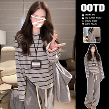 【220克羊毛绒】条纹长袖T恤女新款秋冬高级感穿搭宽松打底衫上衣
