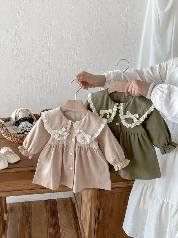 女の子の秋の薄いコート、春と秋の薄い子供服、子供用のスタイリッシュなプリンセススカート、女の赤ちゃんのレトロな人形の襟のトップス|undefined