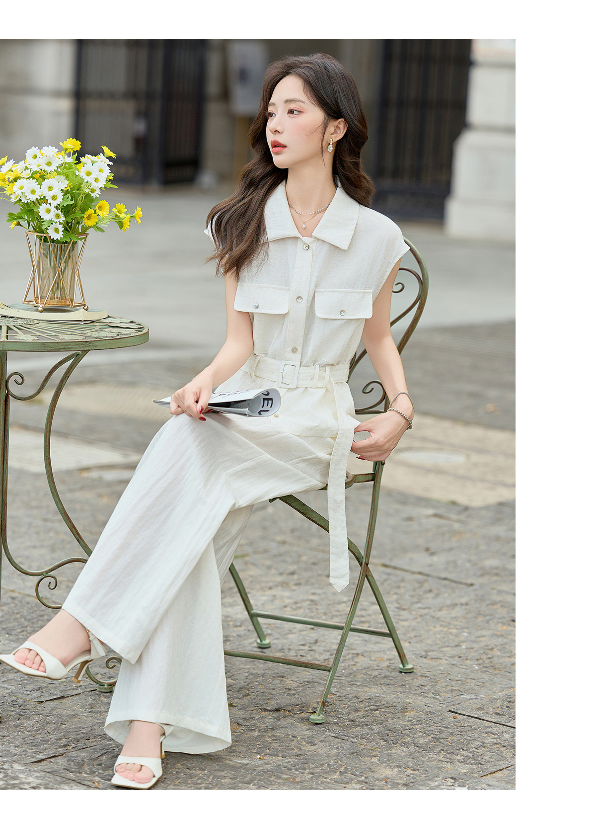Bộ jumpsuit nữ tay ngắn cổ bẻ ống rộng mùa hè 2026 — màu trắng ngà, màu vàng chi tiết 17