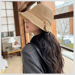 日系细草防晒帽子女夏季蝴蝶结草帽百搭轻奢遮阳草编渔夫帽显脸小