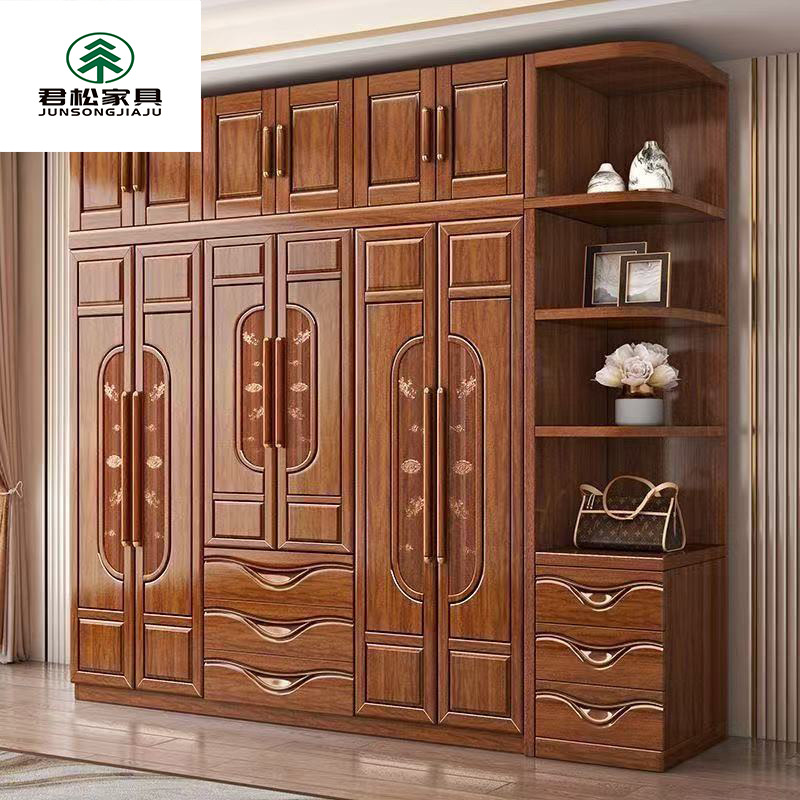 New Chinese Style Walnut Wardrobe Carved Solid Wood Master Bedroom Home Three, Four, Five and Six Door Flat Opening Combination Storage Wardrobe