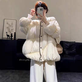 依号家白色圆领短款棉服女新款冬季加厚超好看棉衣棉袄保暖外套
