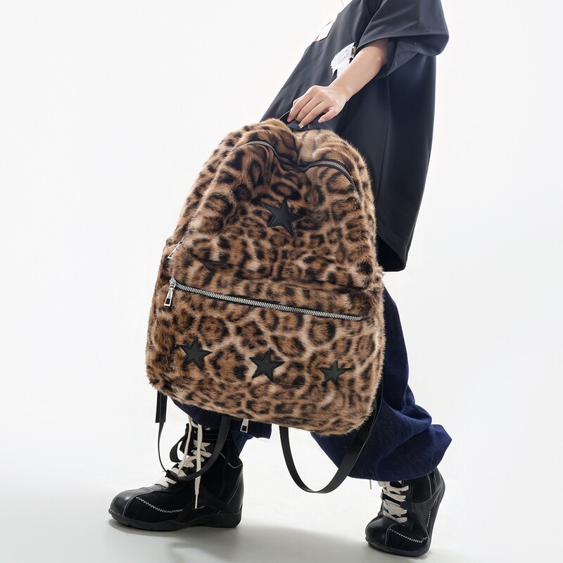 European and American style school backpack, autumn and winter leopard print plush backpack, winter warm plush school bag, sweet and cool girl's backpack