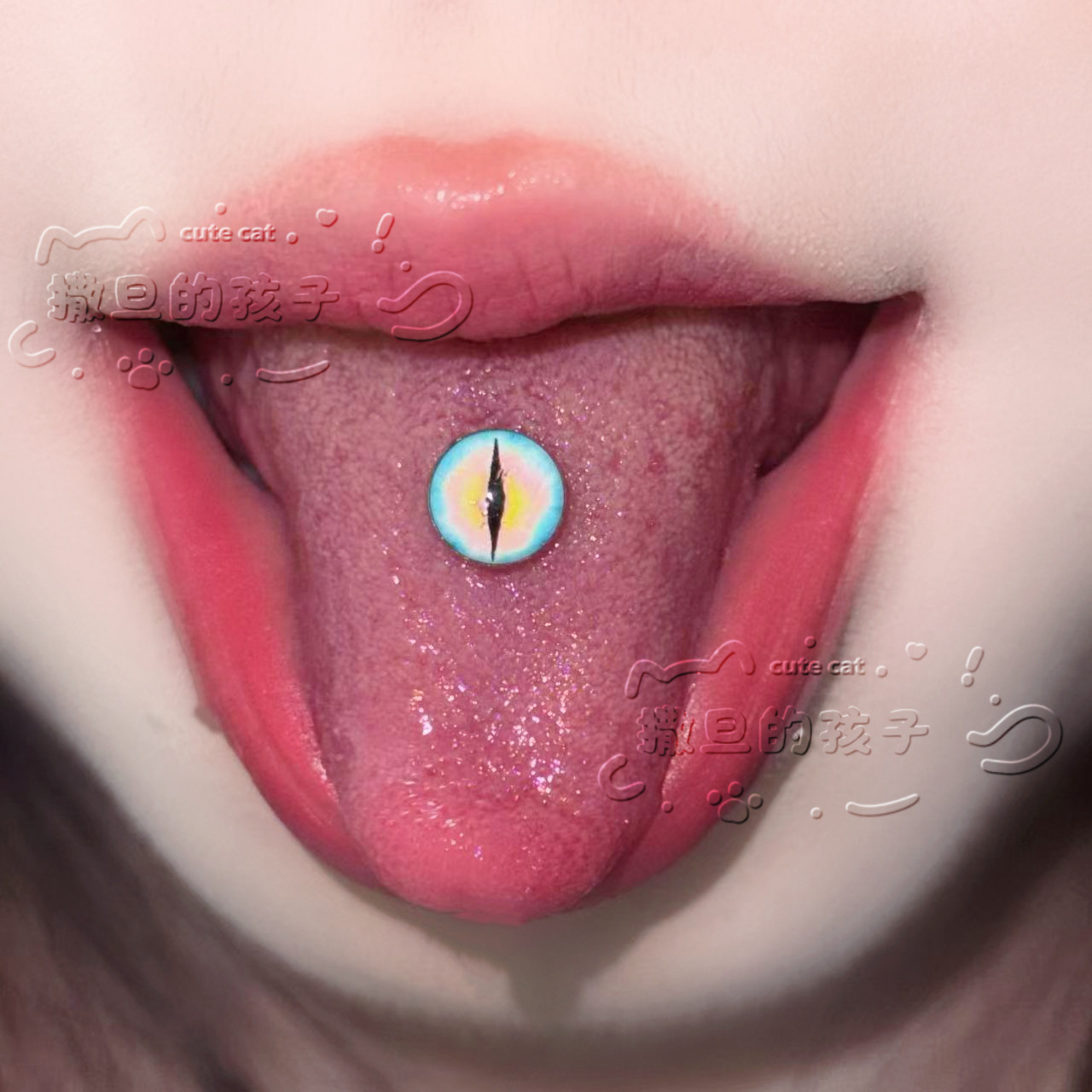 Satan's Children Cherry Blossom Tongue Barbell - Blue Sandwich 20mm 1.6mm Tongue Ring detail image 2
