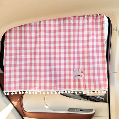 heat insulation car curtain baby | Car curtains - embedded-track-large-plaid-curtain-pink-yunduo-rabbit