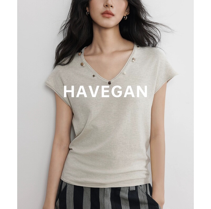 Havegan/Summer V-Neck Design Knitted Short-Sleeved T-Shirt for Women with Regular Shoulders 2026 New Elastic Top Havegan/Summer V-Neck Design Knitted Short-Sleeved T-Shirt for Women with Regular Shoulders 2026 New Elastic Top