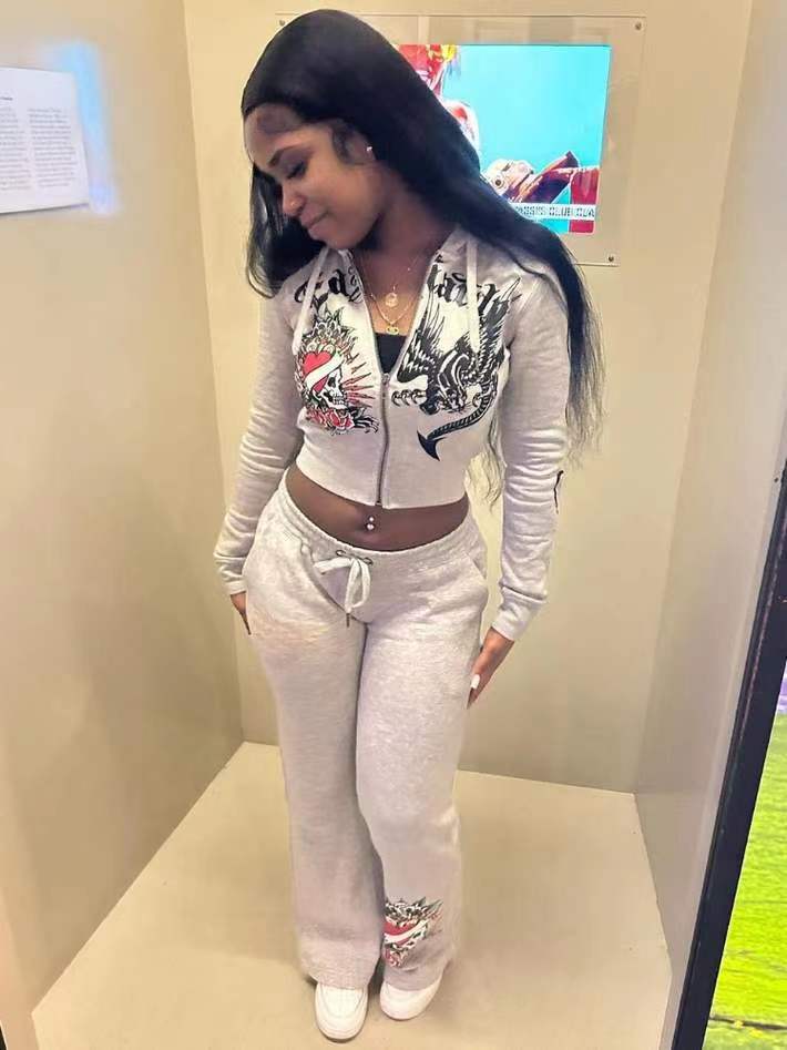 Ensemble décontracté deux pièces sweat-shirt zippé imprimé tendance pour femme_voghion.com