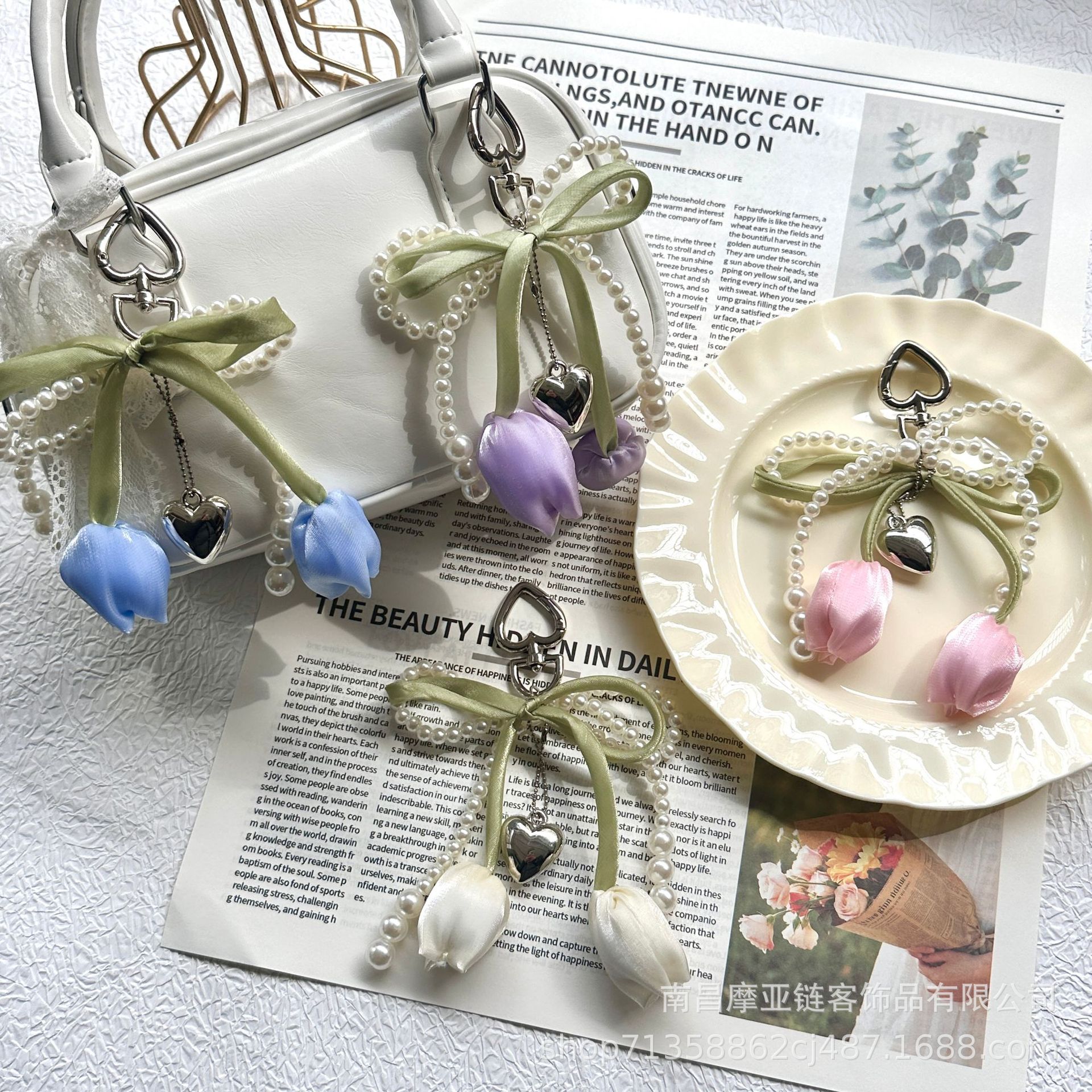Bolsas de tulipanes retrógradas francesas colgantes arco de perlas para teléfonos móviles colgantes de nicho de diseño accesorios llaveros