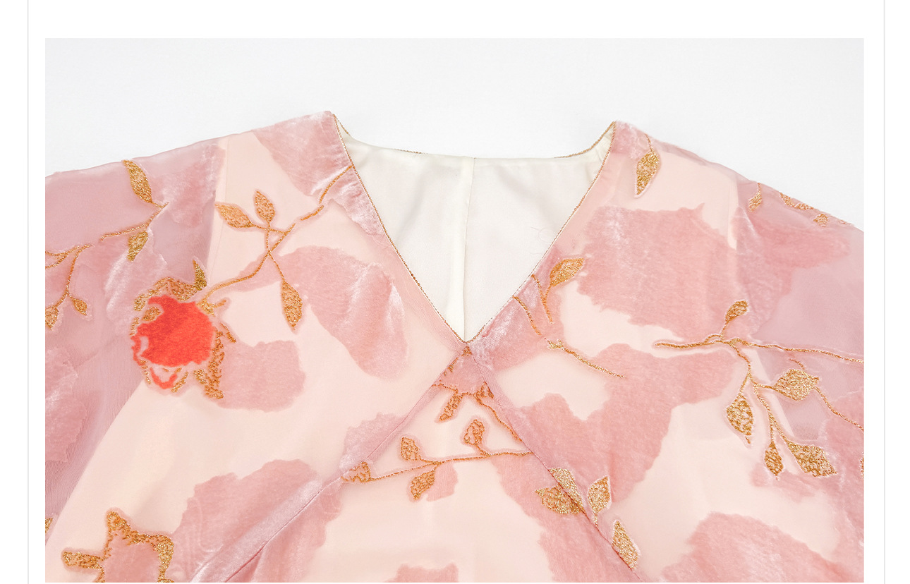Đầm maxi nữ thắt eo phong cách Trung Hoa họa tiết hoa đốt jacquard mùa xuân 2026 — màu hồng chi tiết 3