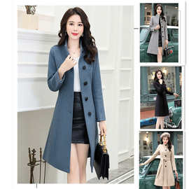 2021亚马逊秋冬龙凤呢呢子外套立领中长款大衣女wish韩版收腰撞色