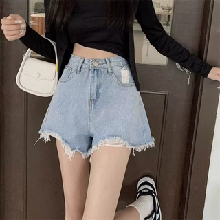 蓝色破洞牛仔短裤女夏新款ins潮大码胖mm毛边热裤高腰a字阔腿裤子