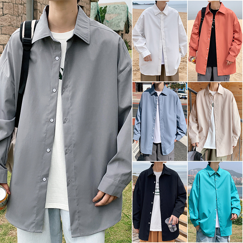 Simple Solid Color Long-sleeve Men, New Autumn Trendy Versatile Loose Casual Turn-down Collar Shirt Jacket For Teenagers_voghion.com