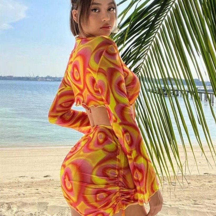 Women's Tie Dye Halter Neck Cropped Two Piece Bikini Swimsuit Bodycon Triangle Three Piece Set_voghion.com