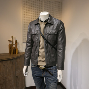 Men's Leather Jacket with a Turn-Down Collar, Slim Fit Motorcycle Style, Casual and Versatile for Young Men