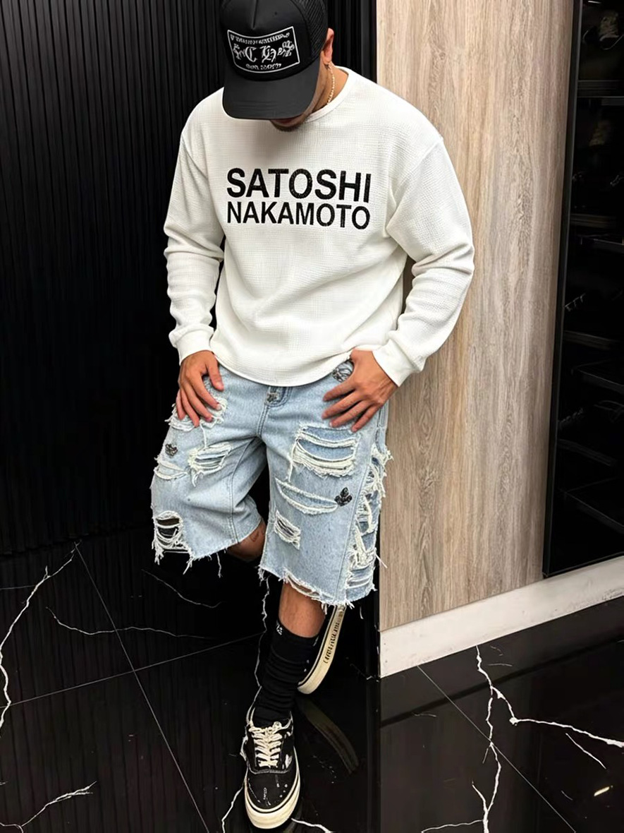 European and American 26Ss New Brand Satoshi Nakamoto Waffle-Style American Classic Loose Long-Sleeved T-Shirt for Men and Women