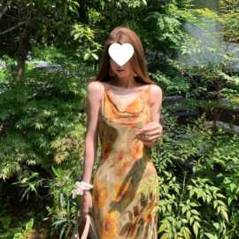 新中式印花吊带连衣裙长款荡领清新田园风复古油画国风无袖碎花裙