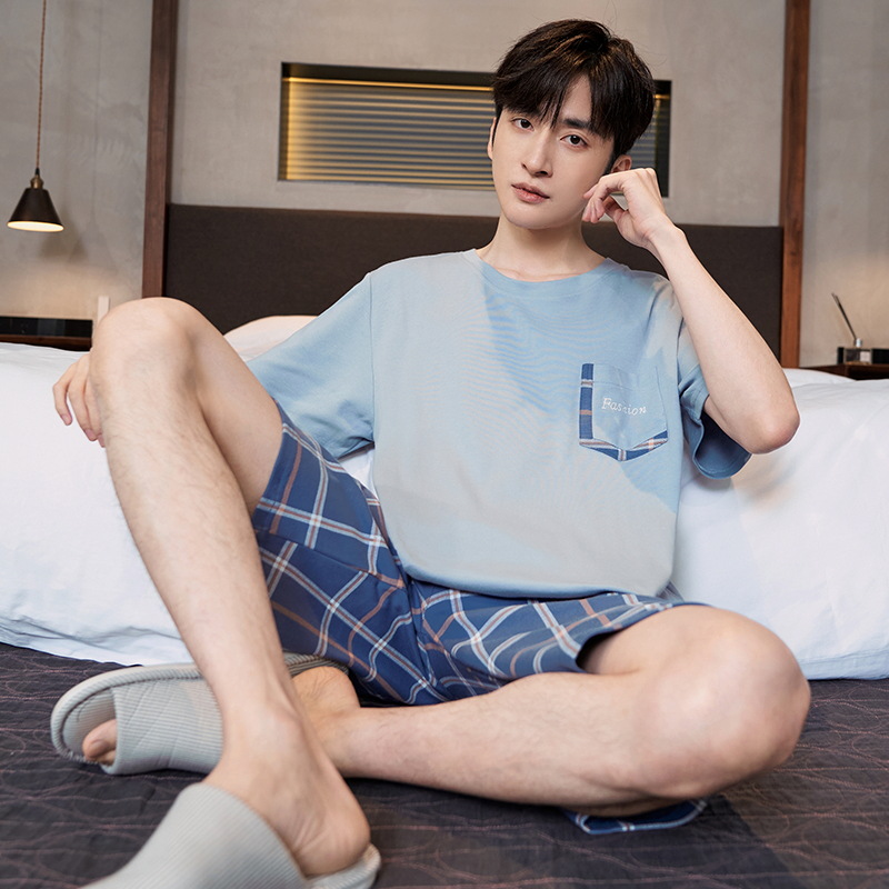Pijama de algodón de los hombres de verano cortos de manga corta de algodón de alta calidad Juventud más tamaño de verano Plaid