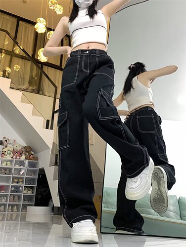Jeans, women's straight leg loose spring and autumn new style, high waist, slimming, small man, wide leg overalls