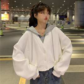 秋冬季卫衣女假两件设计感连帽口袋开衫上衣宽松加绒短款外套