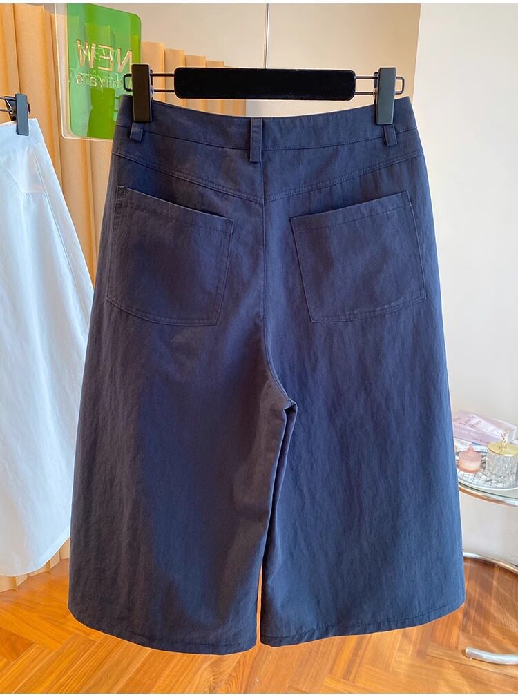 Quần culottes nữ ống rộng cạp cao dáng suông — Xanh lông mòng đen chi tiết 17