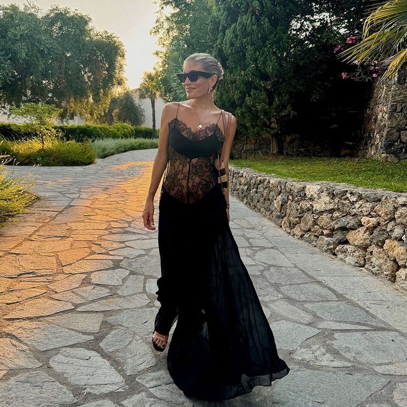 Spring Summer Women Clothing Sexy See through High Waist Slim Strap Dress Two Piece Sets