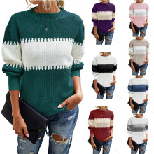 现货亚马逊欧美撞色套头条纹毛衣女灯笼袖上衣女装外贸圆领欧美风