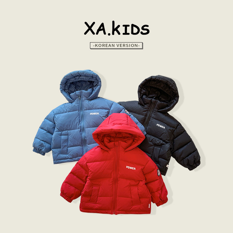 Xian'ao 2024 Winter New Children's Clothing Korean Style Solid Color Letter Three-proof Jacket Boys Hooded Down Jacket