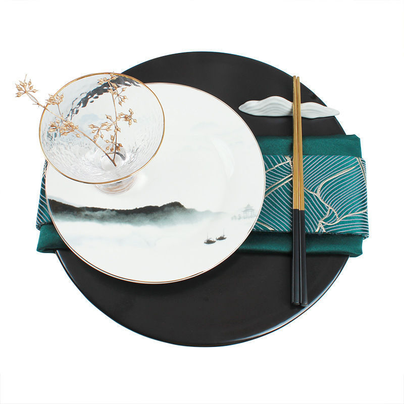 New Chinoiserie Model Room Tableware Set Table Soft Decorations Table Decorations Gray Dark Green Dinner Plate