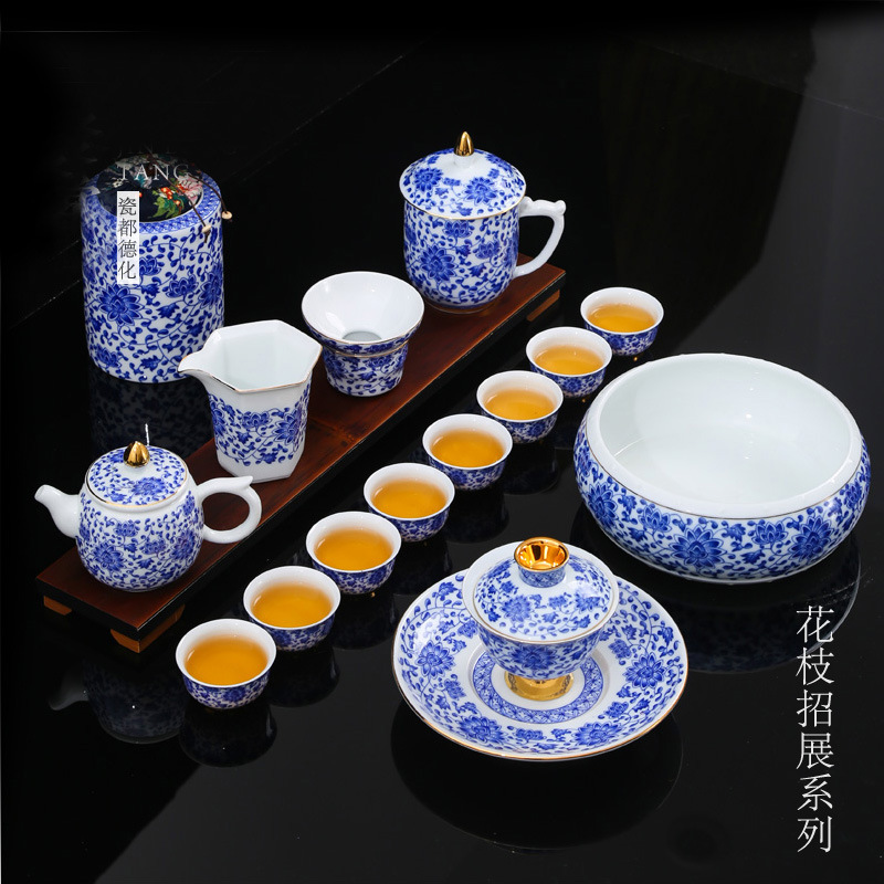 静雅 Blue and white tea set for home use, ceramic teapot, tea cup