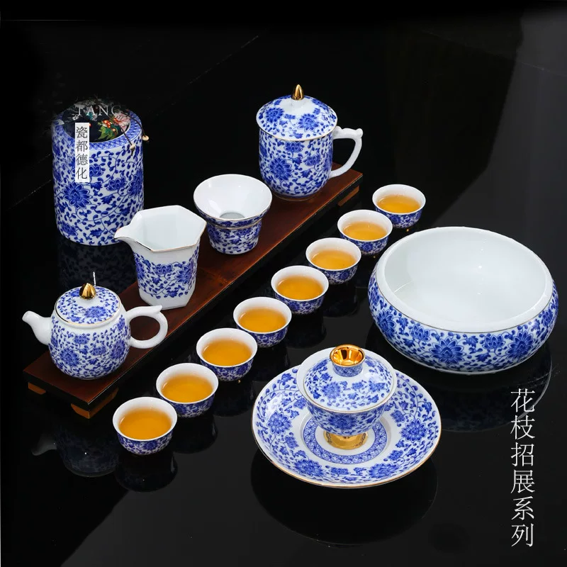 静雅 Blue and white tea set for home use, ceramic teapot, tea cup