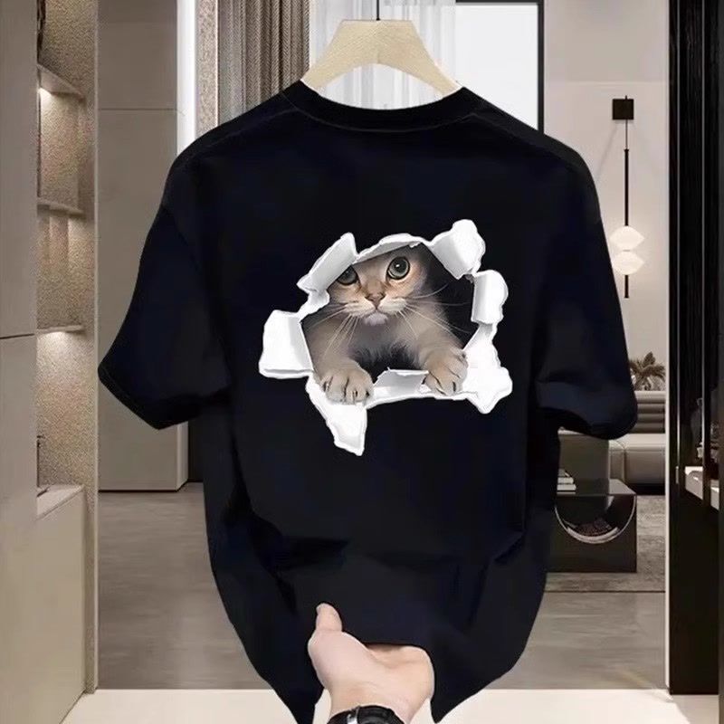 Short-sleeved T-shirt Men's and Women's Summer Cute Cat Printed Loose Clothes American Simple Half-sleeved Genderless Trendy for Men and Women Short-sleeved T-shirt Men's and Women's Summer Cute Cat Printed Loose Clothes American Simple Half-sleeved Genderless Trendy for Men and Women