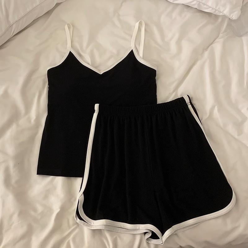 ins 韓国クールアイスシルクパジャマ女性の夏のキャミソール胸パッド付きシンプルな薄いスーツホーム服|undefined