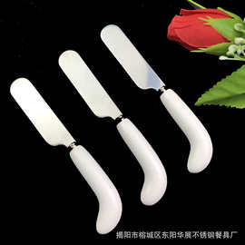 厂家批发430不锈钢出口跨境白色陶瓷弯柄奶油刀 陶瓷把子奶酪刀