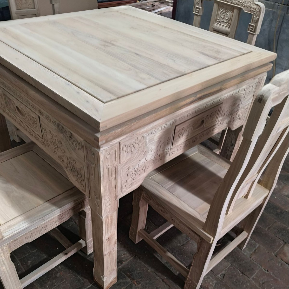 Northern Old Elm New Chinese Style Solid Wood Dining Table White Embryo Table and Chair Combination Mahjong Table Dining Table Dual-Purpose All-In-One Fully Automatic