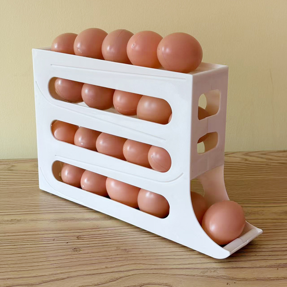 Caja de almacenamiento de huevos de tipo deslizante automático creativo para huevos domésticos de cuatro capas, estante de huevos para ahorrar espacio en la puerta lateral del refrigerador