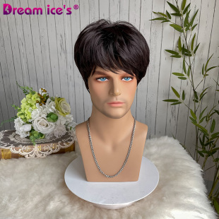 AliExpress fashion men's short straight hair mechanism chemical fiber high temperature silk neat bangs natural black wig headgear wholesale